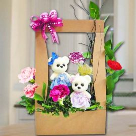 Bears & 6 Mixed Carnation Arrangement in Hard Paper Container