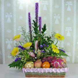 Yellow Gerberas and Pink Lilies with Mixed Fruits Arrangement