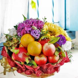 Hydrangea, SunFlower, Small Plant With Fruits Basket Arrangement