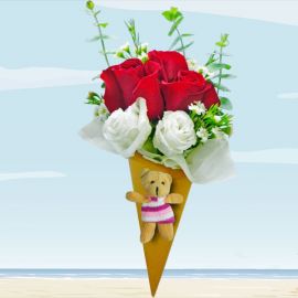 Ice Cream Cone 3 Red Roses Bouquet With Mini Bear.