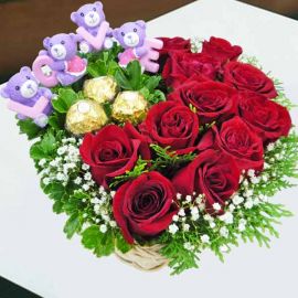 LOVE Bear, 3 Rocher & 11 Red Roses Small Table Arrangement