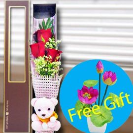 3 Red Roses & Pink Bear in Gift Box
