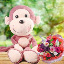 Lavender Pink Color Smiling Monkey & Artificial Roses Hand Bouquet