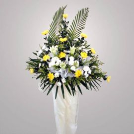 Chrysanthemum yellow with white Lily in metal stand 6 ft heightL