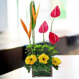 3 Red Anthurium with 3 Yellow Gerbera in Glass Vase