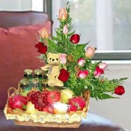 12 Mixed Roses & 6 Chicken Essence with Bear & Fruits Basket