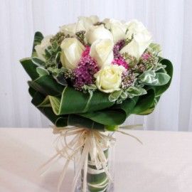 12 White Roses with Pink Sweet-william and special decoration