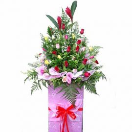 30 mixed Roses on Box stand arrangement 