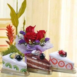 3 (Cakes Slice Made By Towels) & 3 red roses
