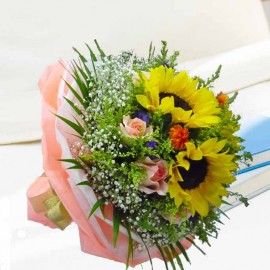 3 Sunflower With 10 Champagne Roses With Babybreath Hand Bouquet 