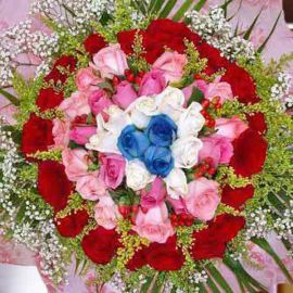 99 Roses ( 3 Blue 10 white 40 peach 46 red ) Hand bouquet