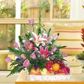 9 Peach Roses with Pink Lily and Fruits Basket Arrangement