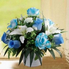 Artificial Blue Roses with White Lily All-Round Arrangement