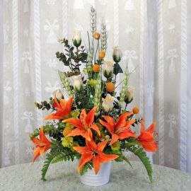 Artificial Orange Lilies and Champagne Roses Arrangement