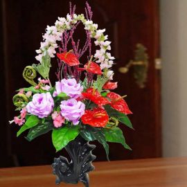 Purple Roses & Red Anthurium Table Arrangement