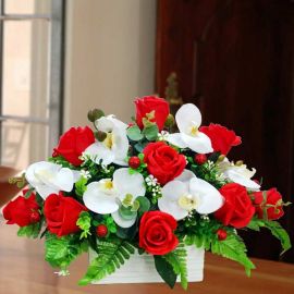 Artificial Phalaenopsis Orchid & Red Roses Flowers Table Arrangement