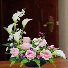 Artificial Calla Lilies & Pink Roses Table Arrangement Delivery.