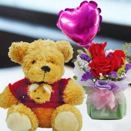 9 Inches Teddy Bear In Red Sweater and a Heart-Shaped Balloon with 3 Roses Standing Bouquet