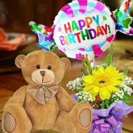 18cm Bear and a Happy Birthday Balloon with Yellow Gerbera Standing Bouquet.