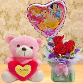 6 Inches Bear and Princess Balloon with Roses Bouquet