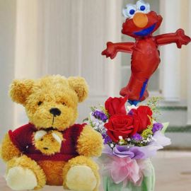 8 Inches Teddy Bear In Red Sweater and 9 inches Elmo Balloon with 3 Red Roses Standing Bouquet.