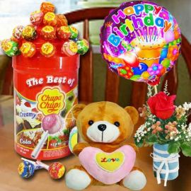 15cm Bear with Lollipop Candies With Rose & Birthday Balloon.