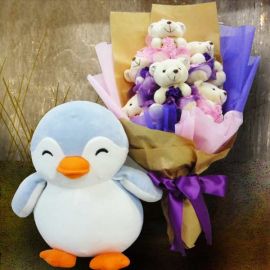 25cm Penguin Stuffed Toy & 6 Mini Bears Hand Bouquet