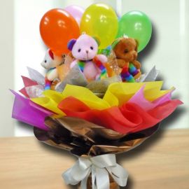 6 Mini Bear (8cm) Hand Bouquet With Balloons