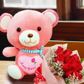 12 Inches Pink Bear with 12 Red Roses Handbouquet