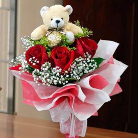 3 Red Roses with Bear and Ferrero Roche at centre