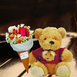 8 Inches Bear with Ice Cream Cone Rose Bouquet