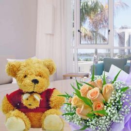 8 Inches Bear with 12 Champagne Roses