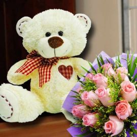 12 Inches Bear with 12 Peach Roses.