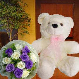 25cm Bear with 6 White & 6 Purple Roses HandBouquet