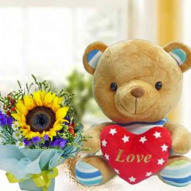 6 Inches sitting Bear with Sunflower Standing Bouquet