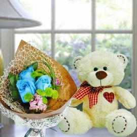 8 Inches Bear with 3 Blue Roses Hand Bouquet.