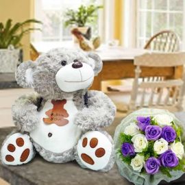 38cm Bear With 6 Purple & 6 White Roses Hand Bouquet Delivery