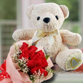 12 Red Roses Posy With 25cm Pink Bear