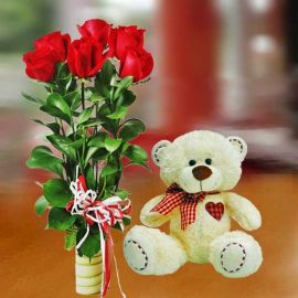 8" Bear with 6 Red Roses Standing Bouquet