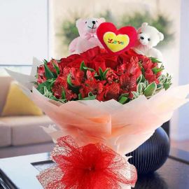 Bears With 12 Red Roses & Astromelia HandBouquet