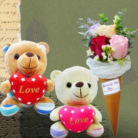 15cm Love Bear With 3 Mixed Roses Ice Cream Cone Bouquet (One Bear Only)
