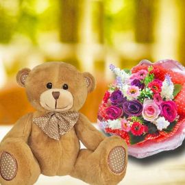 8 inches Bear with Artificial Roses Posy
