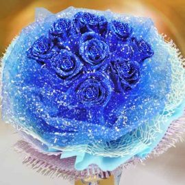 9 Shining Blue Roses Hand Bouquet