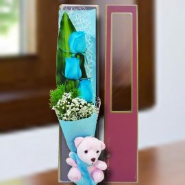 3 Blue Roses & Bear in Gift Box