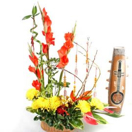 Chrysanthemum flower arrangement with Pussy willow & Curly Bambo