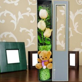 3 Champagne Roses & Small Bear in Gift Box
