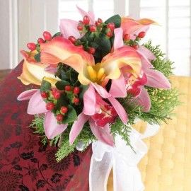 Cymbidium orchids & Orange Calla Lilies Hand Bouquet