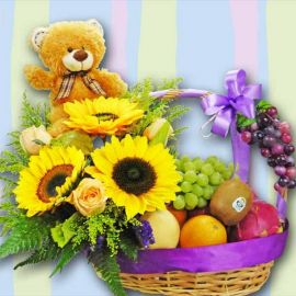 SunFlowers, Mixed Fruits & Bear Basket Arrangement