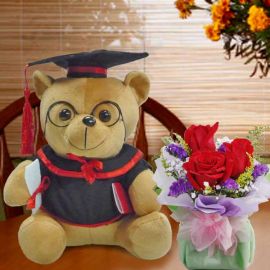 9" Graduation Teddy Bear with 3 Red Rose