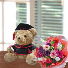 18cm Graduate Bear & Artificial Roses Bouquet